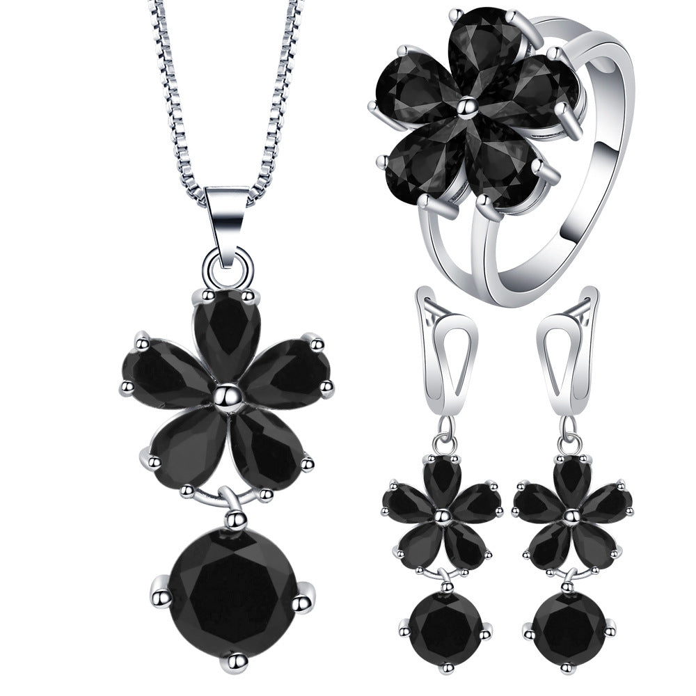Black CZ Flower Drop Jewelry Set