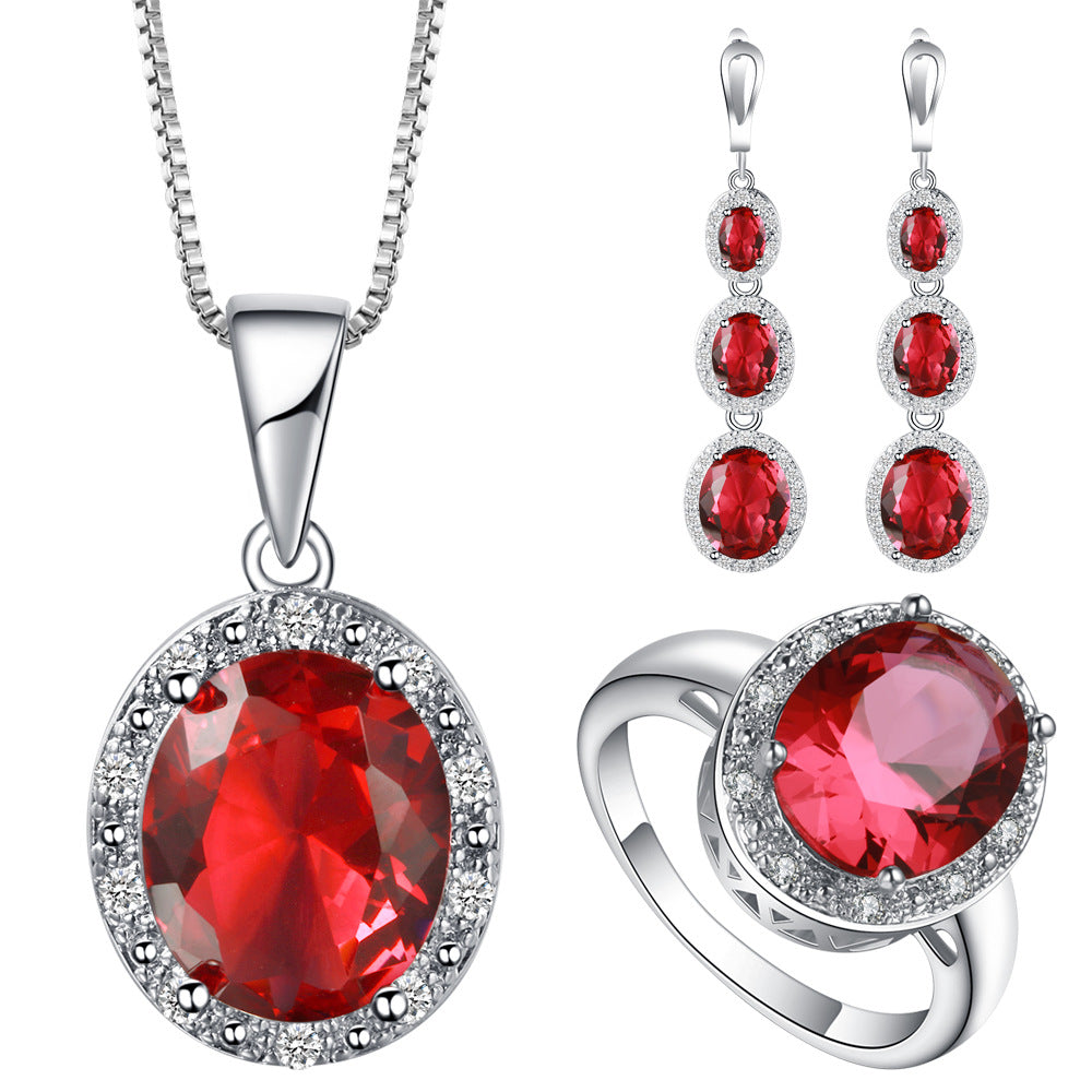 Ruby-Red Oval CZ Halo Triple-Drop Jewelry Set