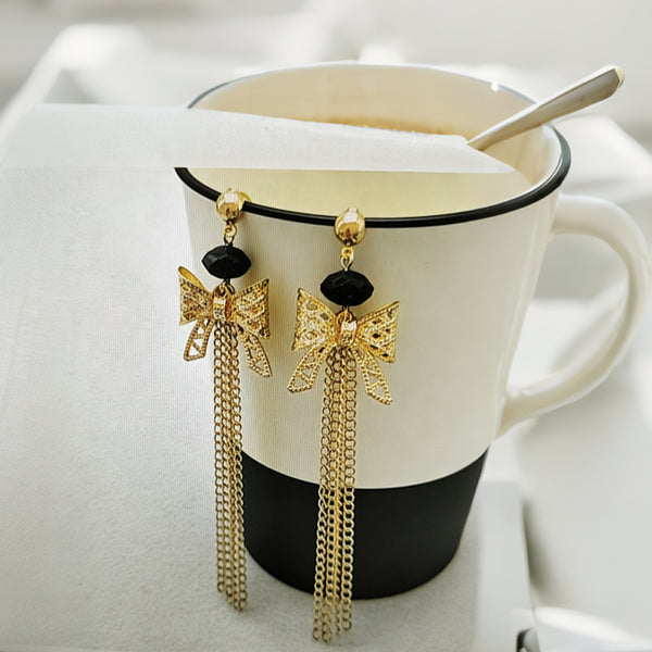 Gold Bow Black Bead Tassel Drop Earrings