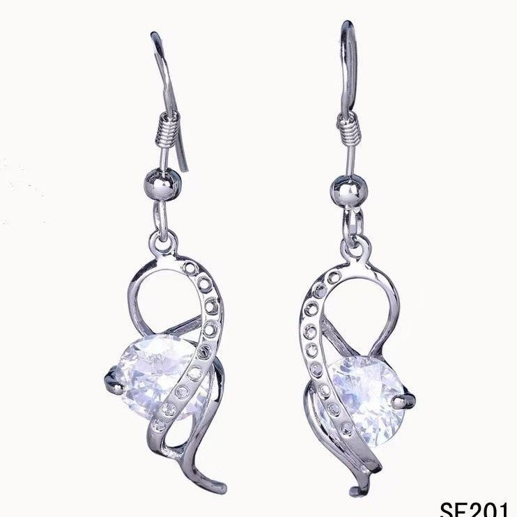 Clear CZ Swirl Ribbon Hook Drop Earrings