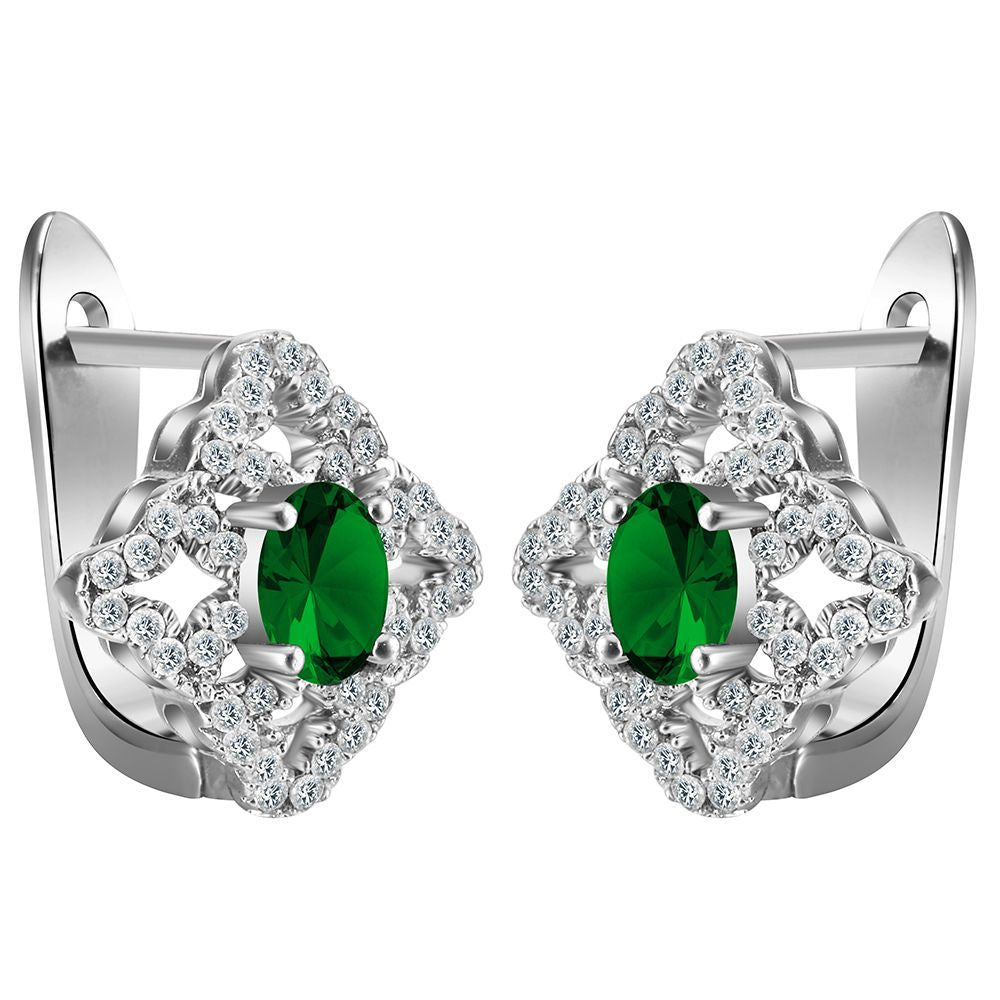 Green Oval CZ Rhombus-Frame Leverback Earrings