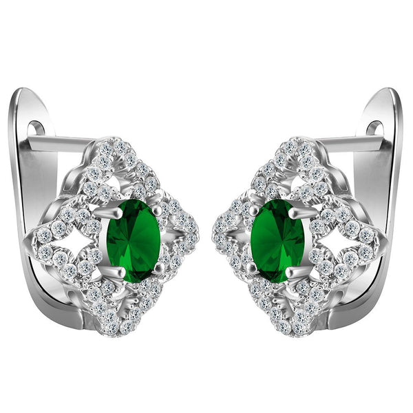 Green Oval CZ Rhombus-Frame Leverback Earrings
