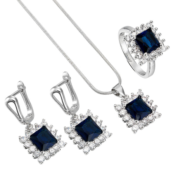 Sapphire-Blue Square CZ Halo Jewelry Set