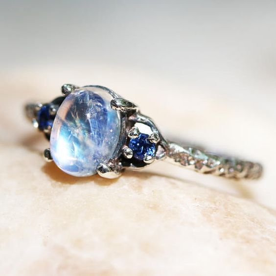 Moonstone-Look Oval Blue CZ Side Stone Ring