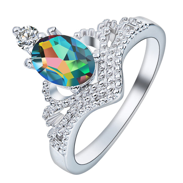 Rainbow Mystic Oval CZ Crown Ring