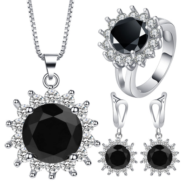 Black Round CZ Starburst Halo Jewelry Set