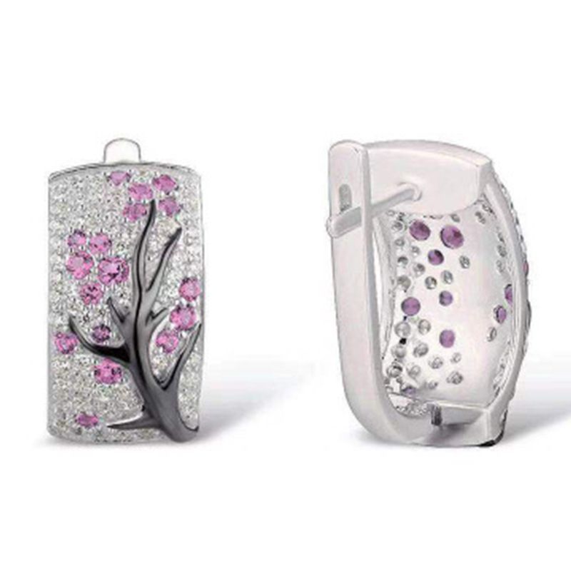 Pink CZ Cherry Blossom Tree Leverback Earrings
