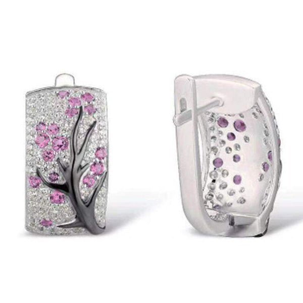 Pink CZ Cherry Blossom Tree Leverback Earrings