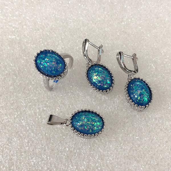 Blue Opal-Look Oval Cabochon Drop Jewelry Set