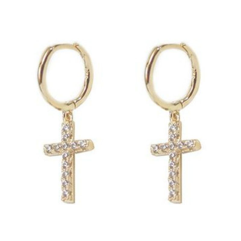 Pavé CZ Cross Gold Huggie Earrings