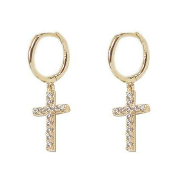 Pavé CZ Cross Gold Huggie Earrings