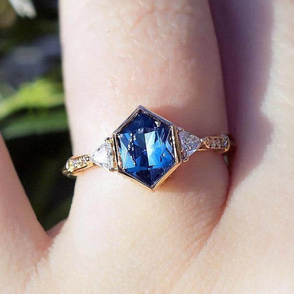 Sapphire-Blue Hexagon CZ Trillion Ring