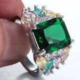 Emerald-Green Square CZ Multicolor Cluster Ring
