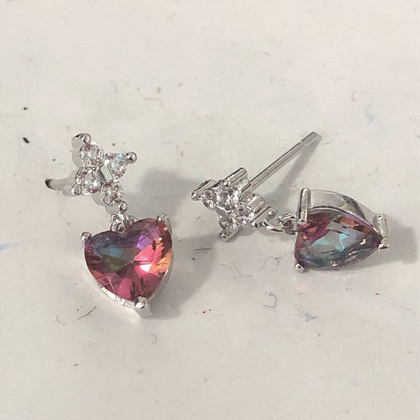 Rainbow Mystic Heart CZ Butterfly Drop Earrings