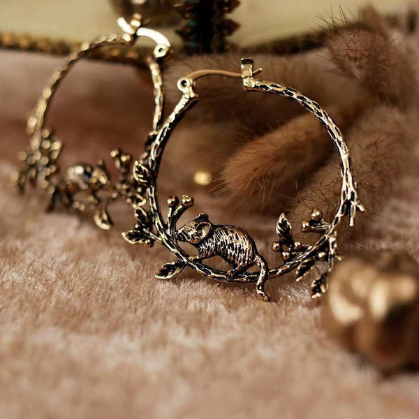 Antique Gold Squirrel Branch Hoop Earrings