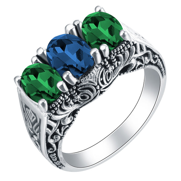 Green and Blue Three-Stone Filigree Ring