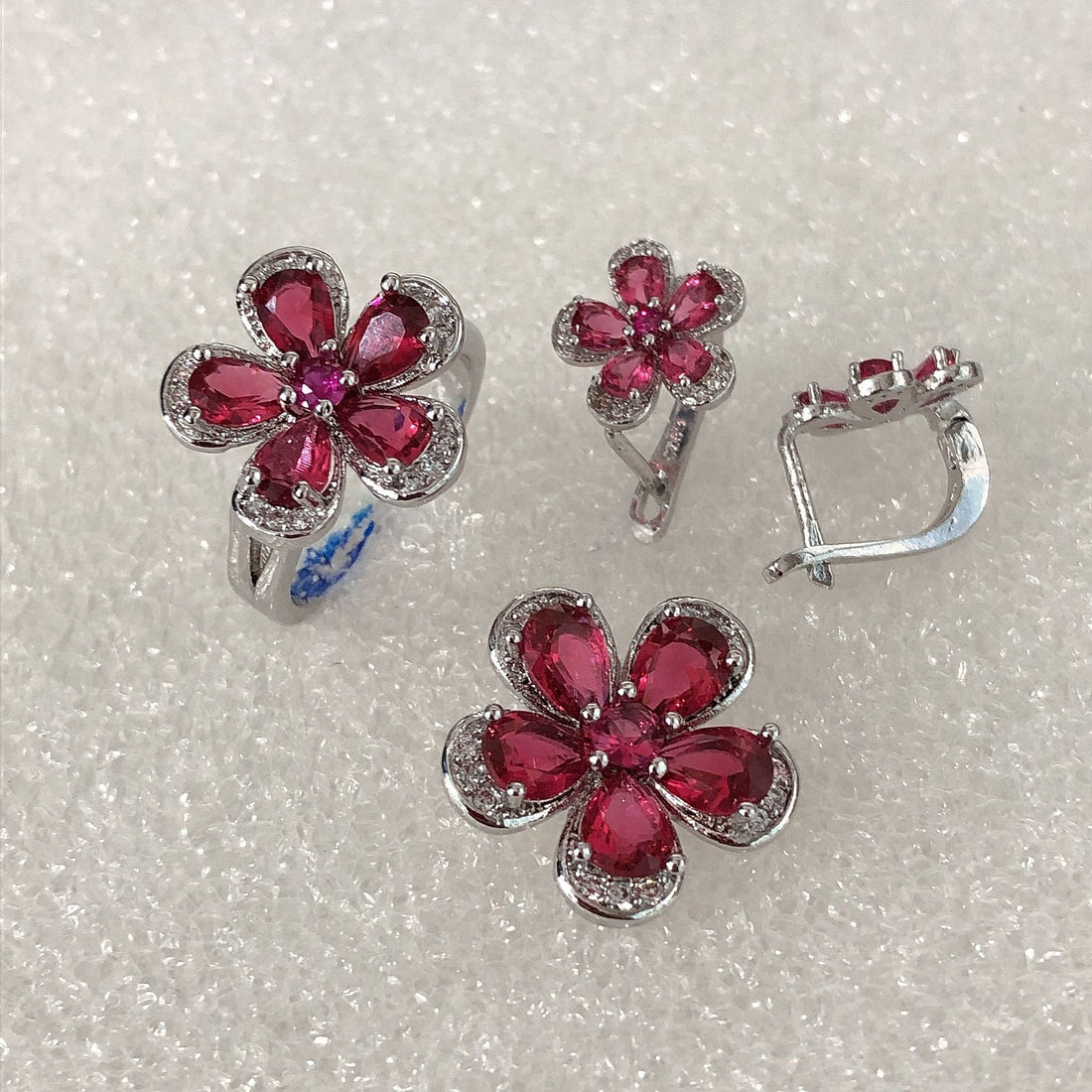 Ruby-Red CZ Flower Earring and Ring Set