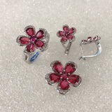 Ruby-Red CZ Flower Earring and Ring Set