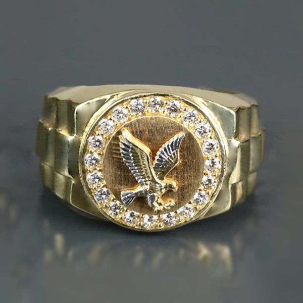 Gold Eagle CZ Halo Round Signet Ring