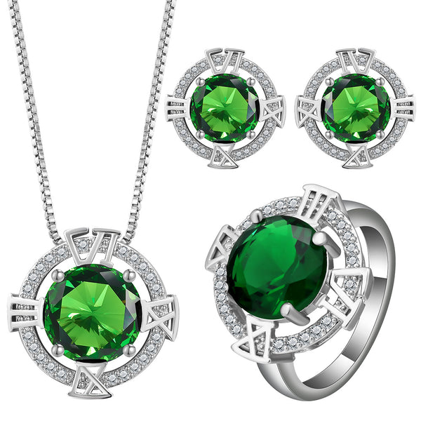 Emerald-Green Round CZ Geometric Frame Jewelry Set