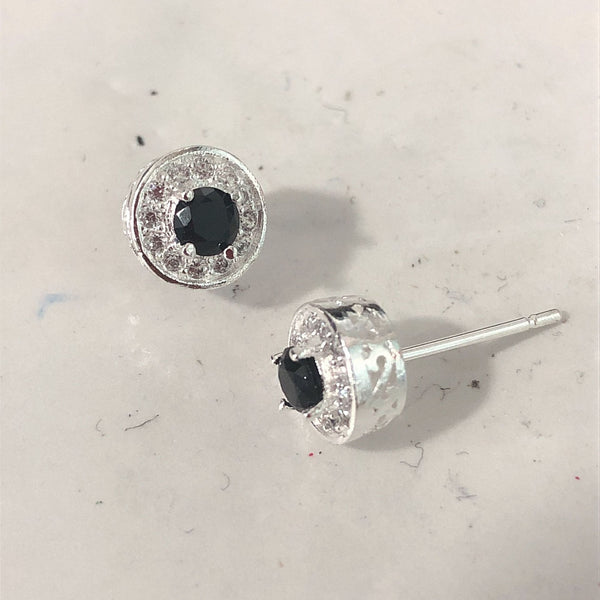 Sapphire-Blue Round CZ Halo Silver Stud Earrings