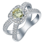 Yellow Cushion CZ Halo Crossover Ring