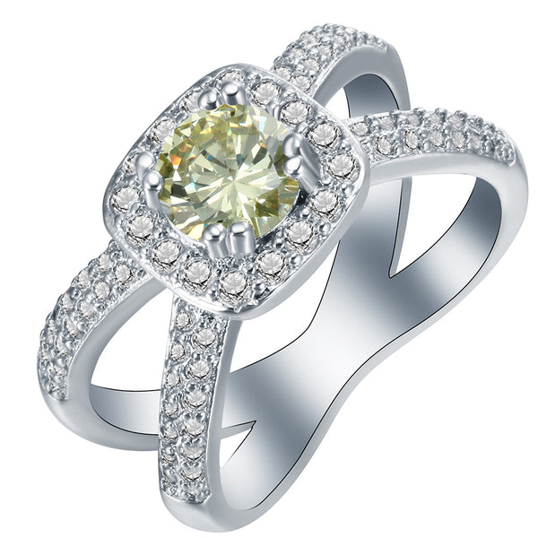 Yellow Cushion CZ Halo Crossover Ring