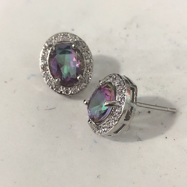 Mystic Rainbow Oval CZ Halo Stud Earrings