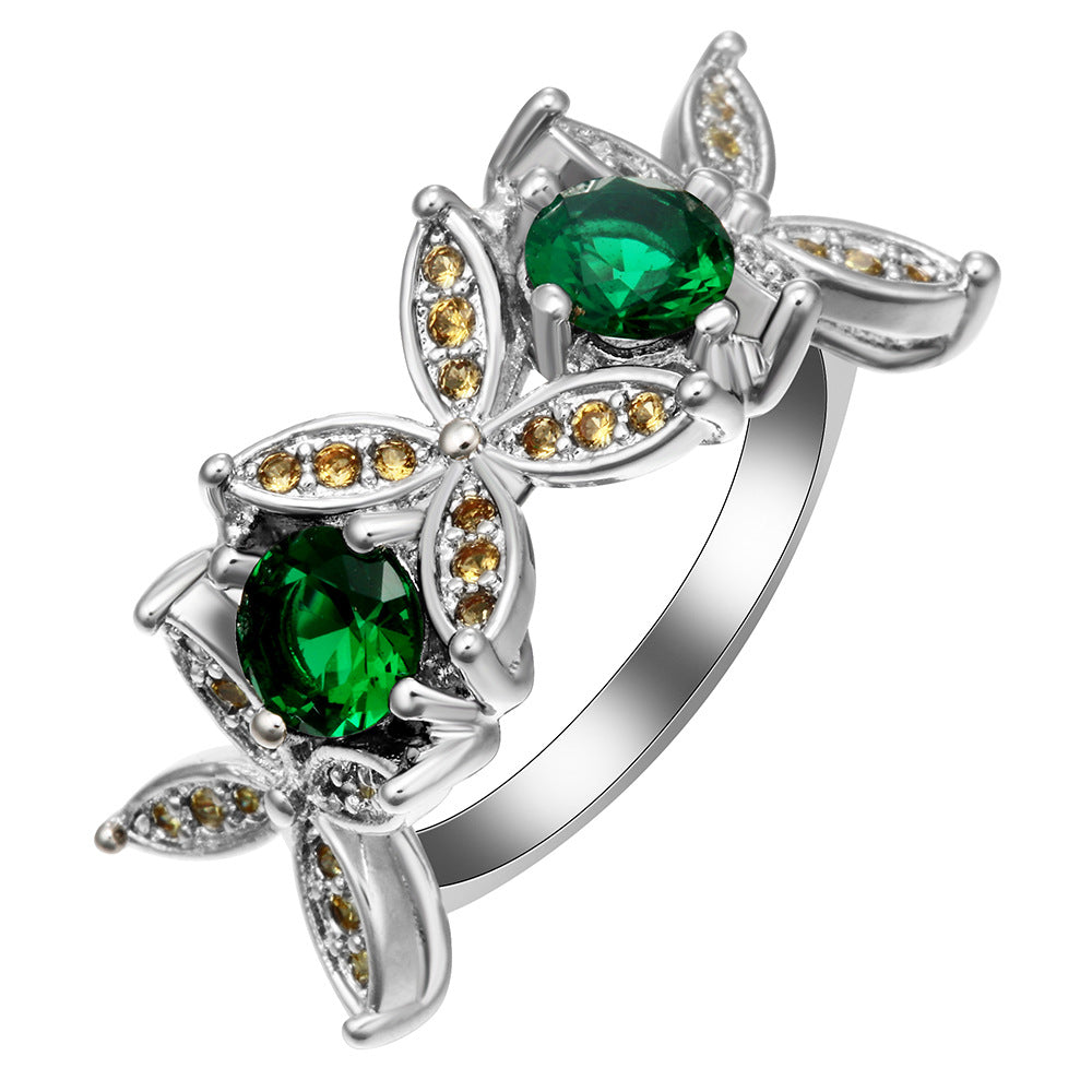 Emerald-Green CZ Twin Flower Bypass Ring