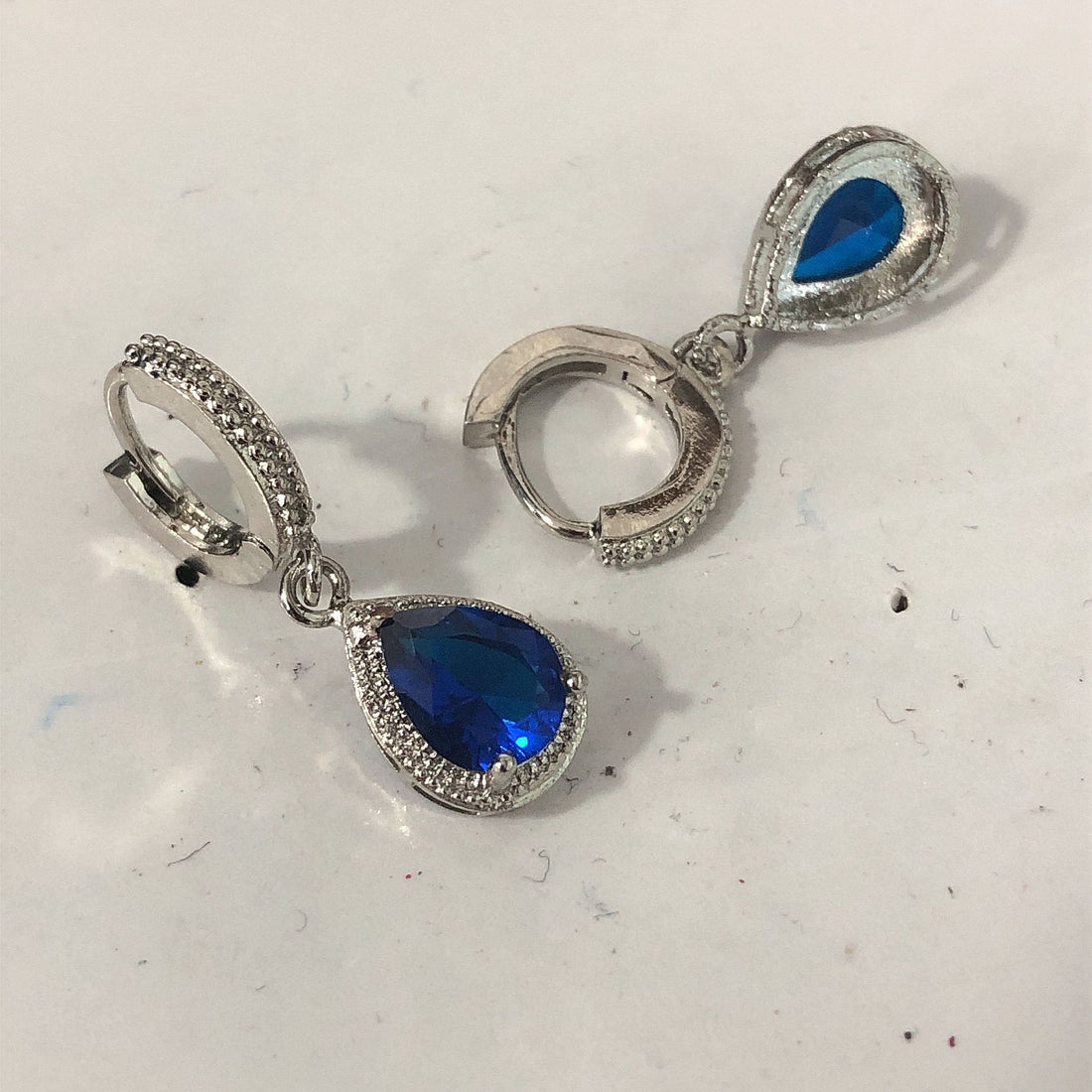 Sapphire-Blue Pear CZ Huggie Drop Earrings