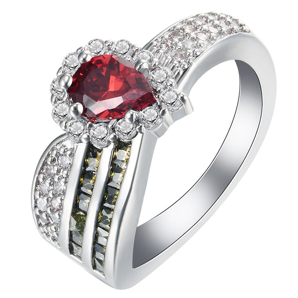 Ruby-Red Pear CZ Halo Crossover Ring
