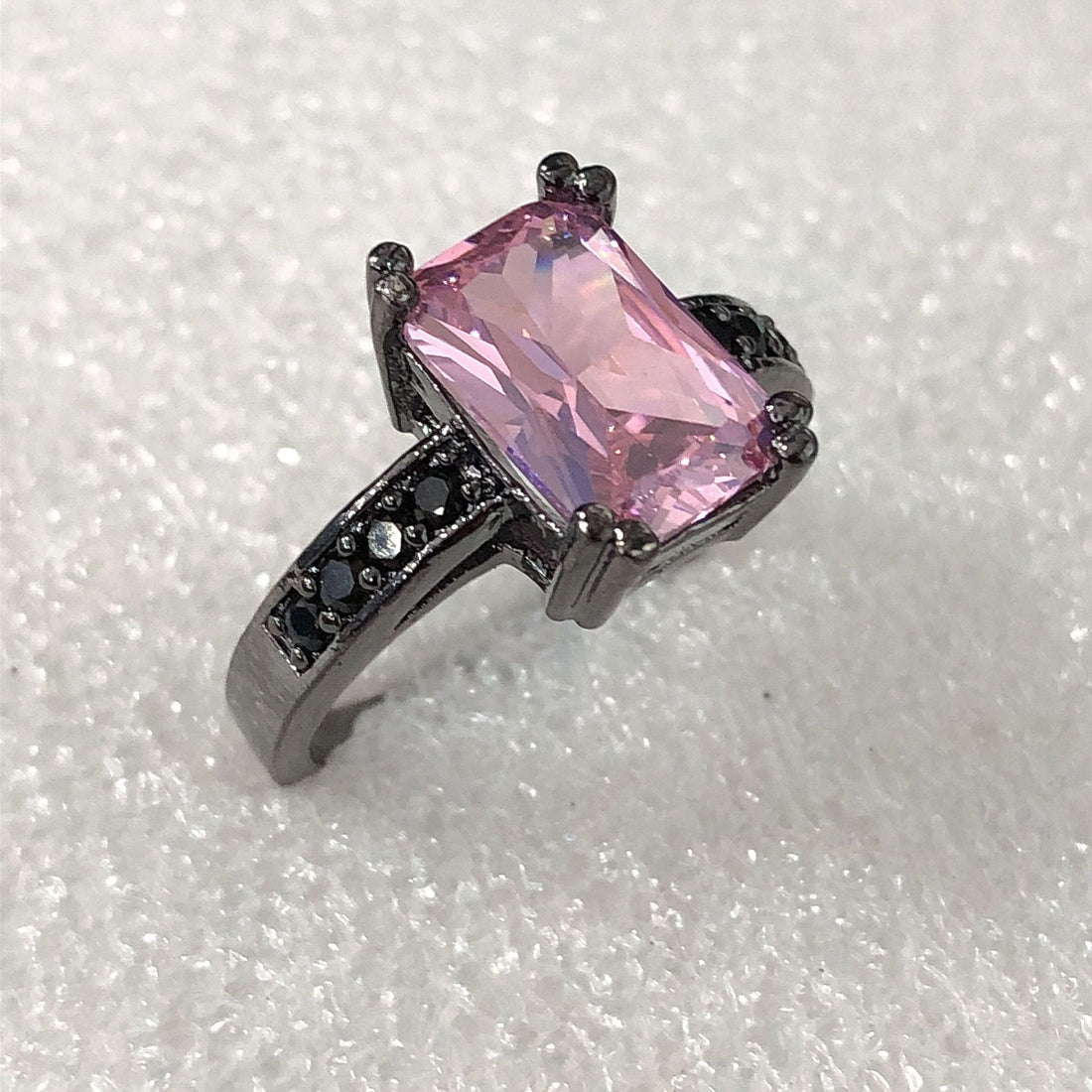 Pink Emerald-Cut CZ Black Ring