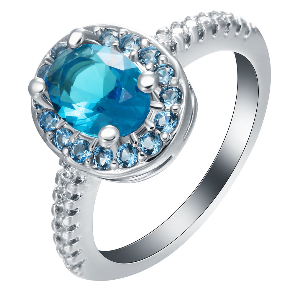 Aqua Oval CZ Blue Halo Ring