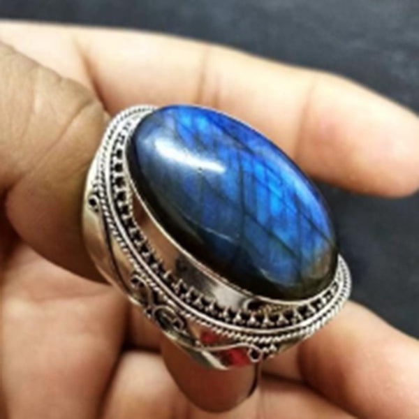 Labradorite-Look Oval Ornate Bezel Ring