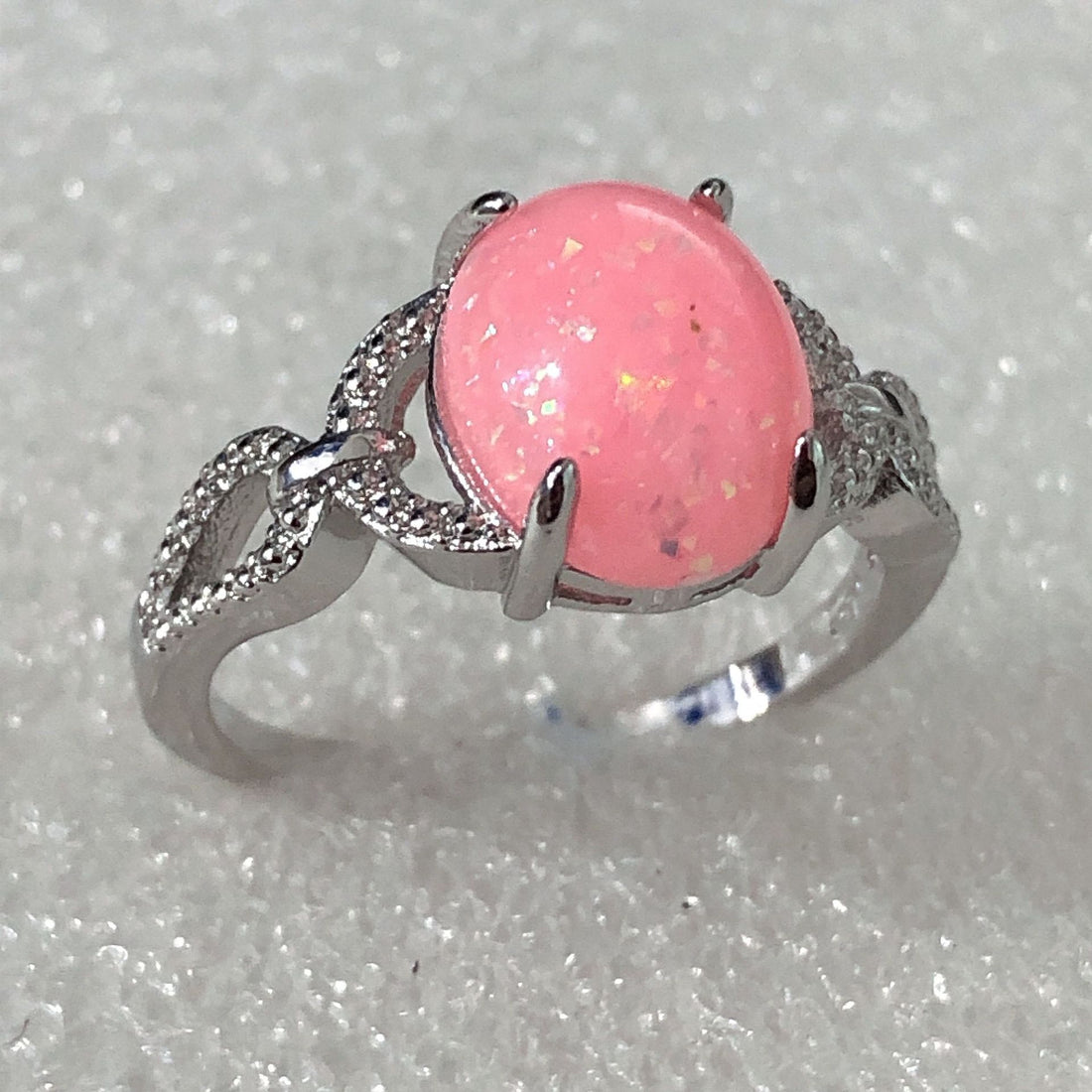 Pink Opal-Look Oval Pave Leaf Ring