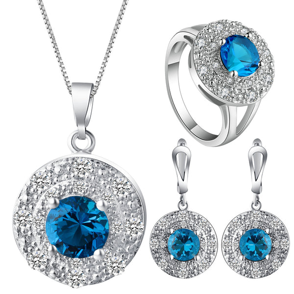 Aqua Round CZ Disc Halo Jewelry Set