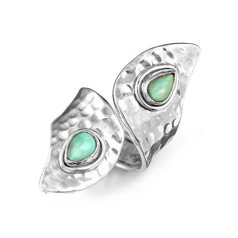 Green Teardrop Stone Hammered Wrap Ring