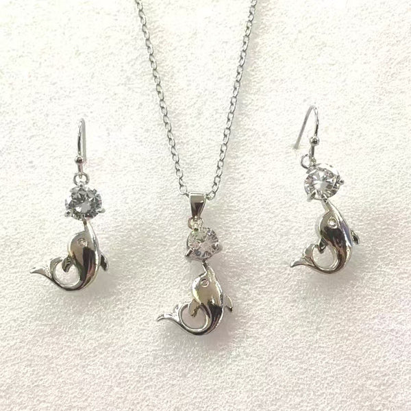 Dolphin Clear CZ Necklace and Earrings Set