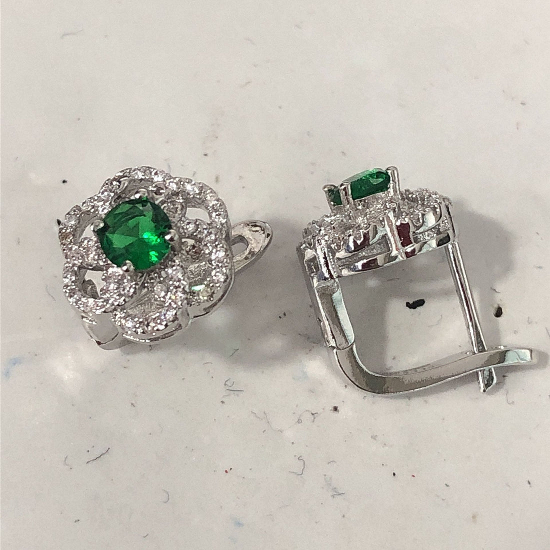 Emerald-Green CZ Flower Cluster Leverback Earrings