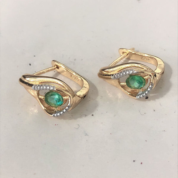 Green CZ Gold Eye Motif Lever-Back Earrings