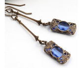 Antique Bronze Blue Cabochon Filigree Drop Earrings