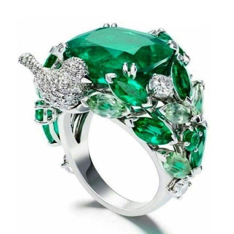 Emerald-Green Marquise CZ Bird Cluster Ring