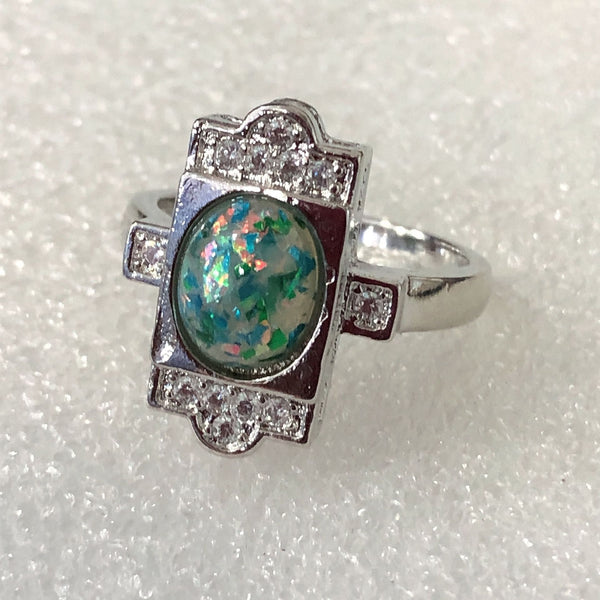Green Opal-Look Art Deco Rectangle Ring