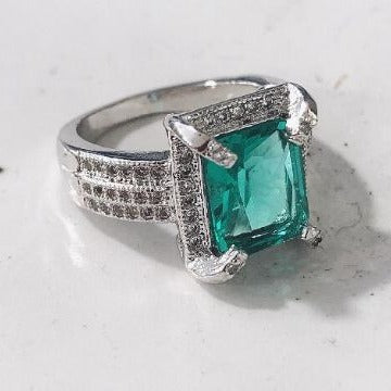 Emerald-Cut Teal CZ Pavé Statement Ring