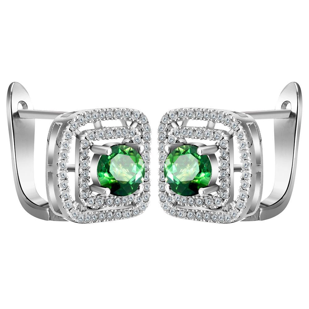 Emerald-Green Round CZ Square Halo Hoop Earrings