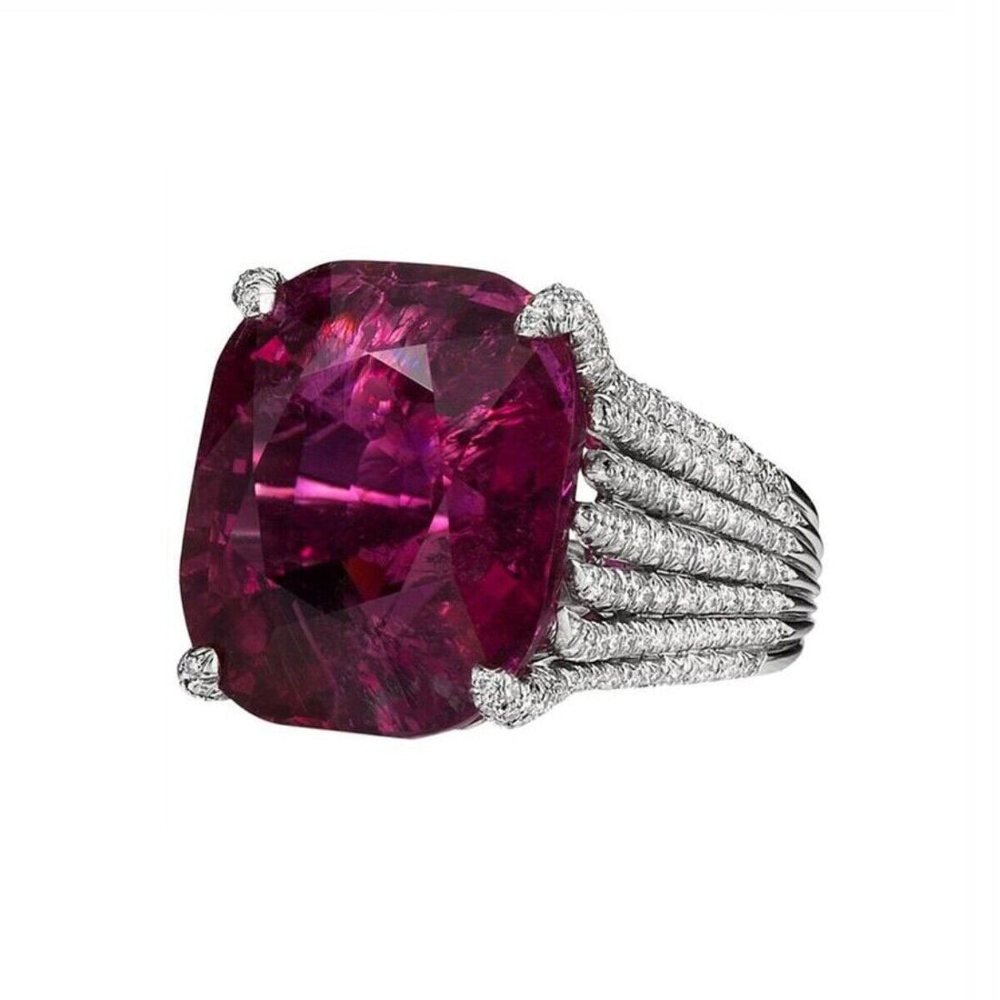 Raspberry-Pink Cushion CZ Pave Split Shank Ring