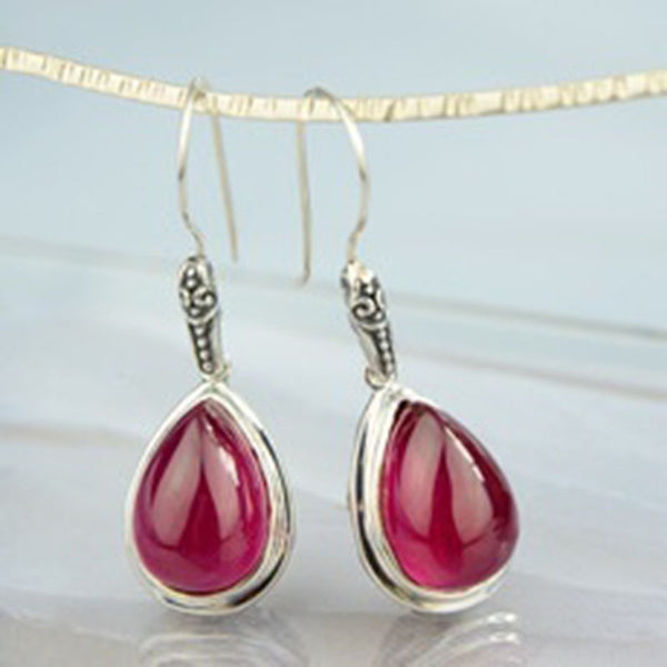 Ruby-Red Teardrop Cabochon Marcasite Earrings