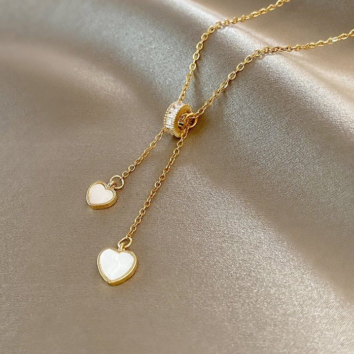 Gold White Heart Charm Lariat Pendant Necklace
