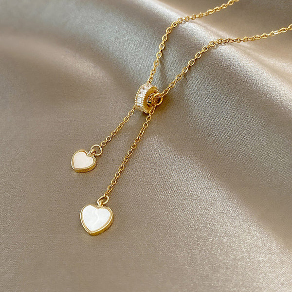 Gold White Heart Charm Lariat Pendant Necklace