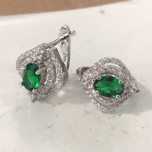 Emerald-Green Oval CZ Layered Halo Leverback Earrings